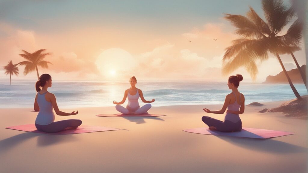 women performing prenatal yoga