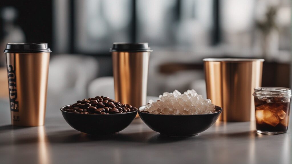 cans of soda without labels, a bowl of coffee, and a bowl of sugar